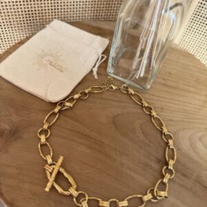 Collier ras du cou grosses mailles dorées texturées avec fermoir barre en T stylisé.