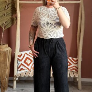 Pantalon large texturé noir à taille élastiquée — Le Dress BY L.A