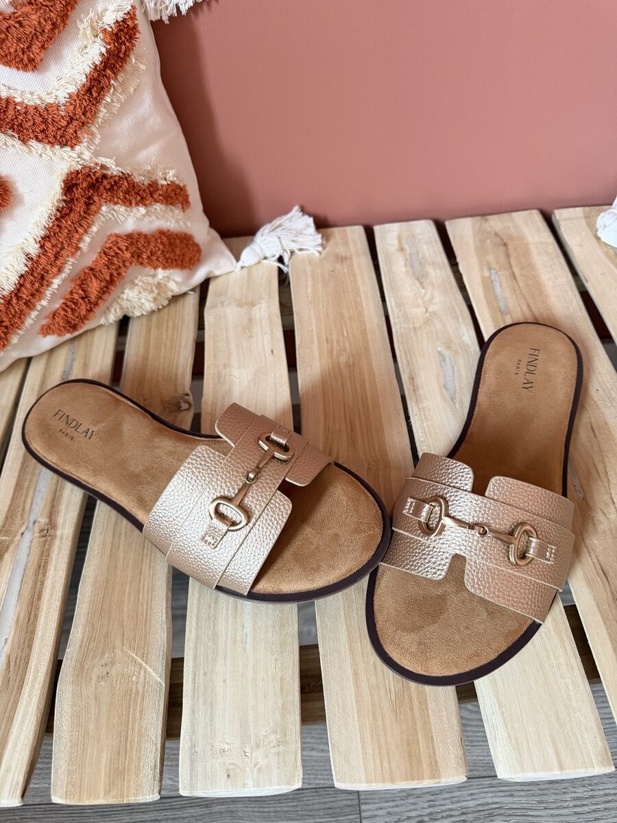 Mules plates cuir grainé rose gold avec chaîne dorée — boutique Le Dress BY L.A