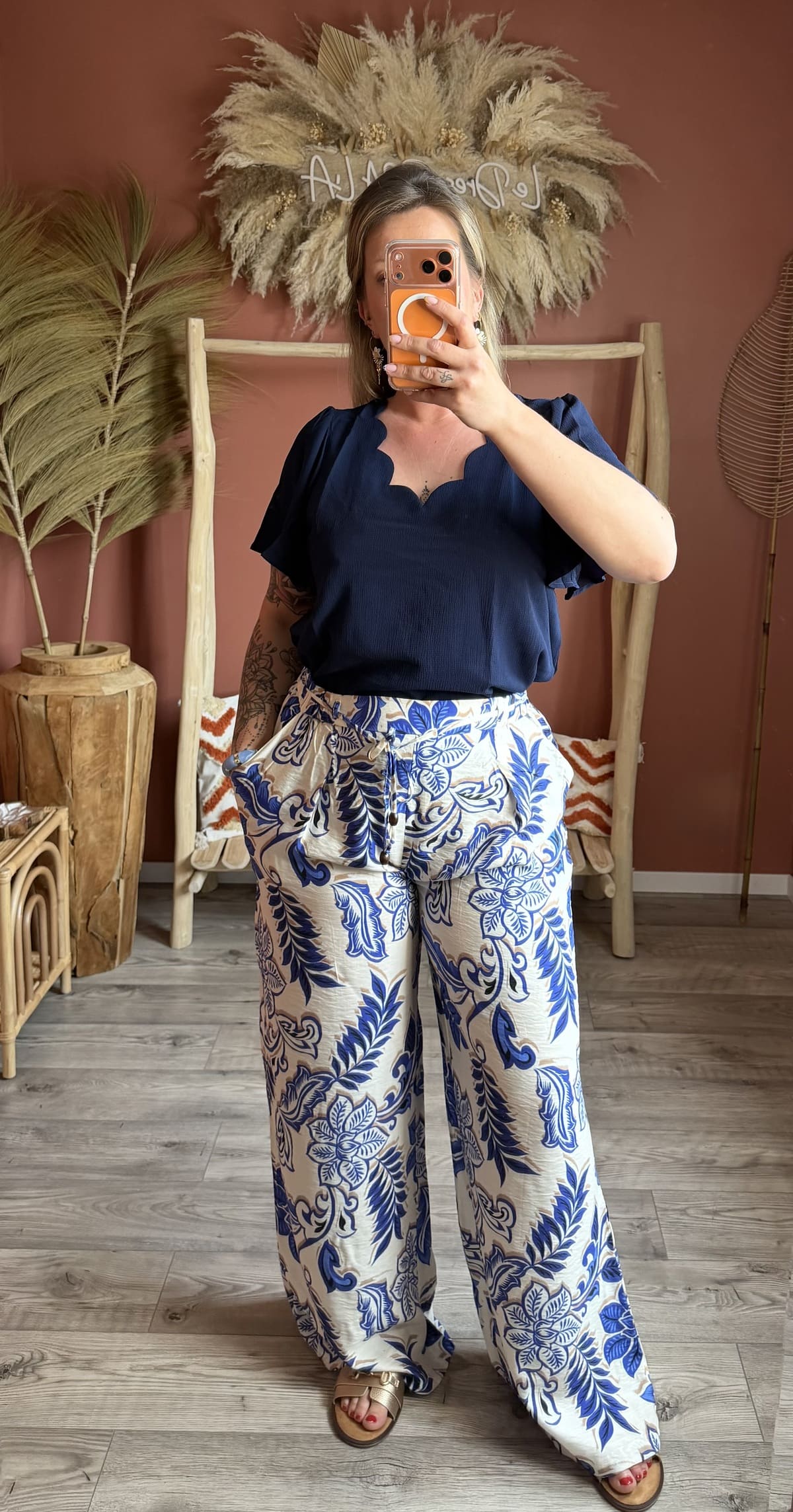 Pantalon Large Imprimé Floral Bleu & Blanc – Image 2