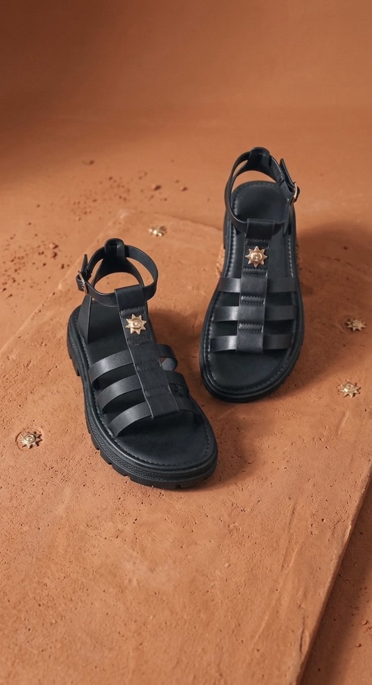 Sandales Gladiateur Noires Médaillon Doré