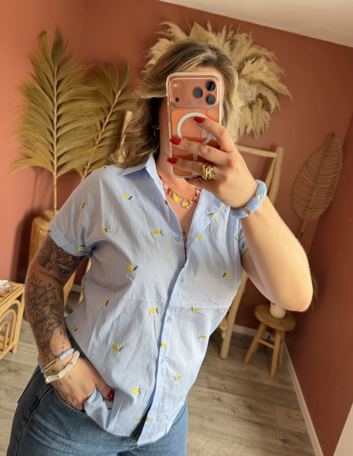 Chemise manches courtes bleu ciel à rayures et imprimé citrons brodés femme – Le Dress BY L.A