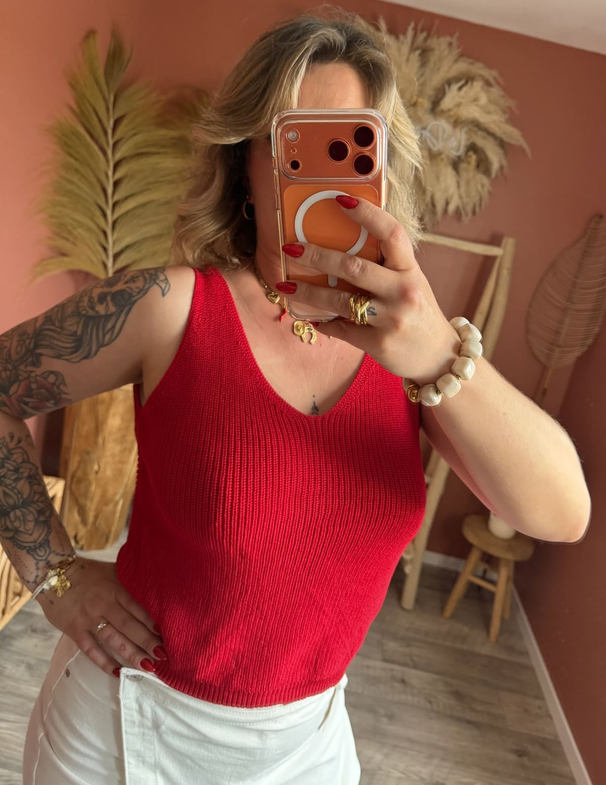 Top sans manches en maille côtelée rouge col V femme – Le Dress BY L.A