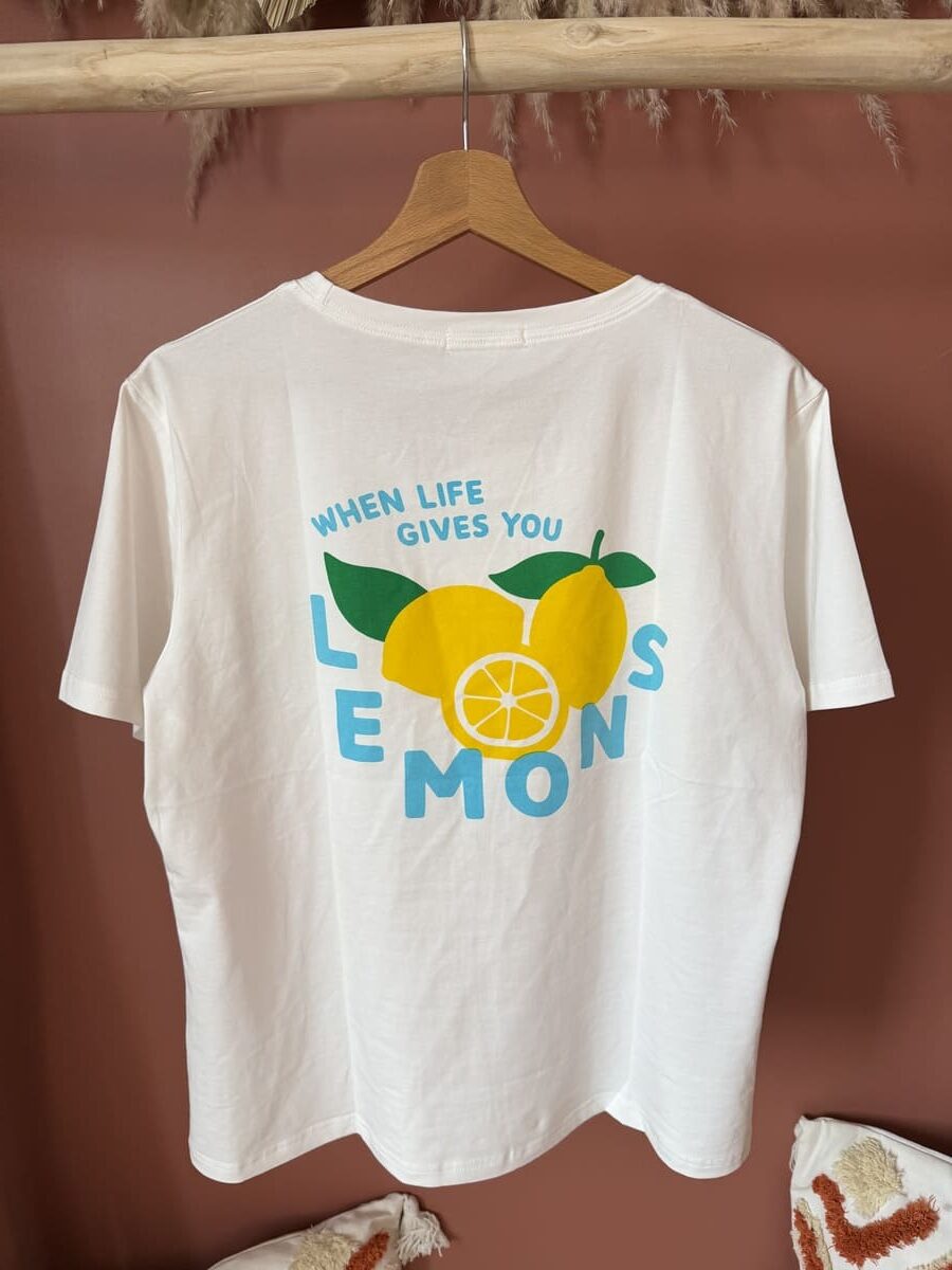 T-shirt blanc col rond imprimé citrons jaunes femme – Le Dress BY L.A