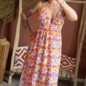 Robe longue bretelles col V plongeant imprimé fleurs colorées orange violet femme – Le Dress BY L.A