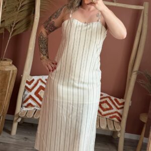 Robe longue bretelles fines rayures verticales écru coupe droite midi femme – Le Dress BY L.A