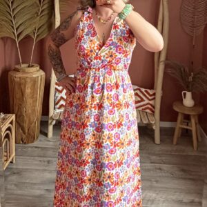 Robe longue blanche imprimé fleurs colorées orange violet col V bretelles nouées femme – Le Dress BY L.A
