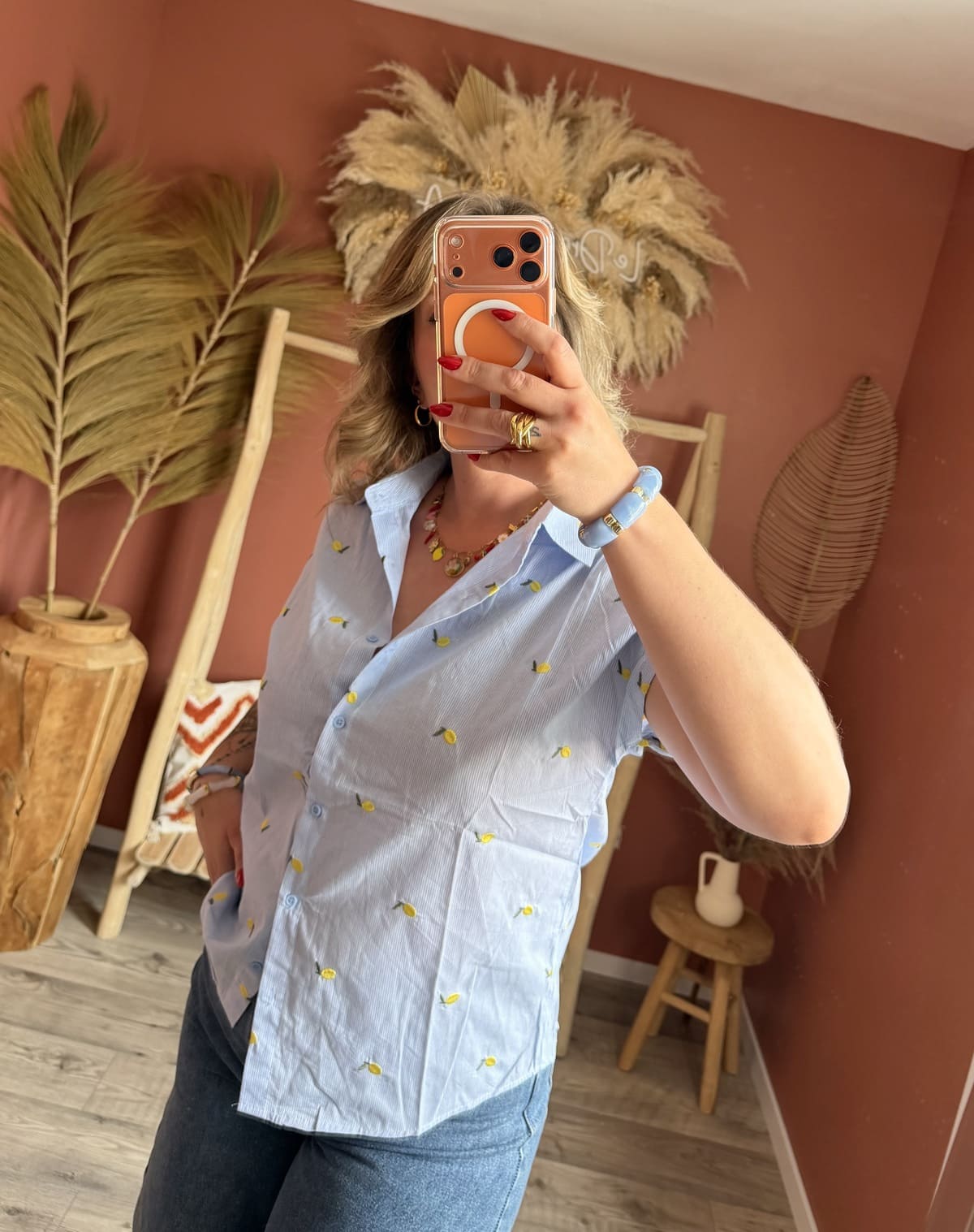 Chemise manches courtes bleu ciel à rayures et imprimé citrons brodés femme – Le Dress BY L.A