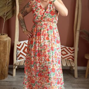 Robe longue col V volantée imprimé fleuri rouge orange vert fond blanc femme – Le Dress BY L.A
