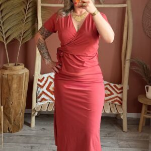 Robe longue portefeuille jersey terracotta col V manches courtes ceinture nouée femme – Le Dress BY L.A