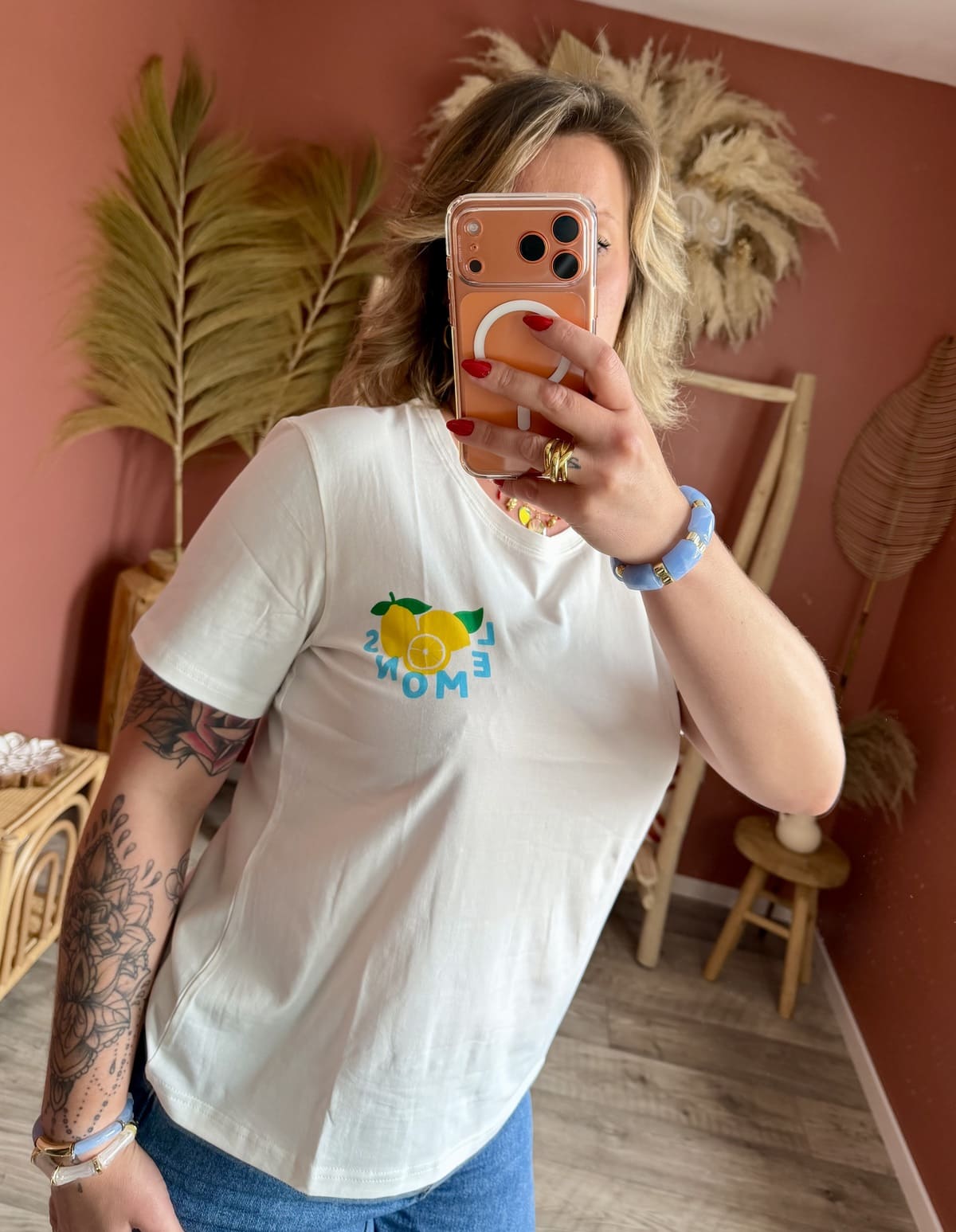 T-shirt blanc col rond imprimé citrons jaunes femme – Le Dress BY L.A