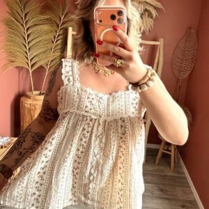 Top bretelles écru imprimé floral marron garniture dentelle style bohème femme – Le Dress BY L.A