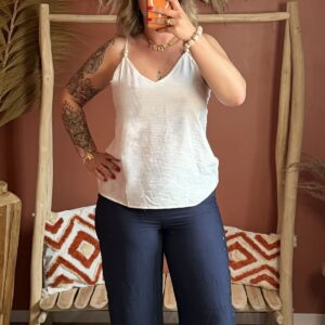 Pantalon large marine lin broderies anglaises bas de jambe femme – Le Dress BY L.A