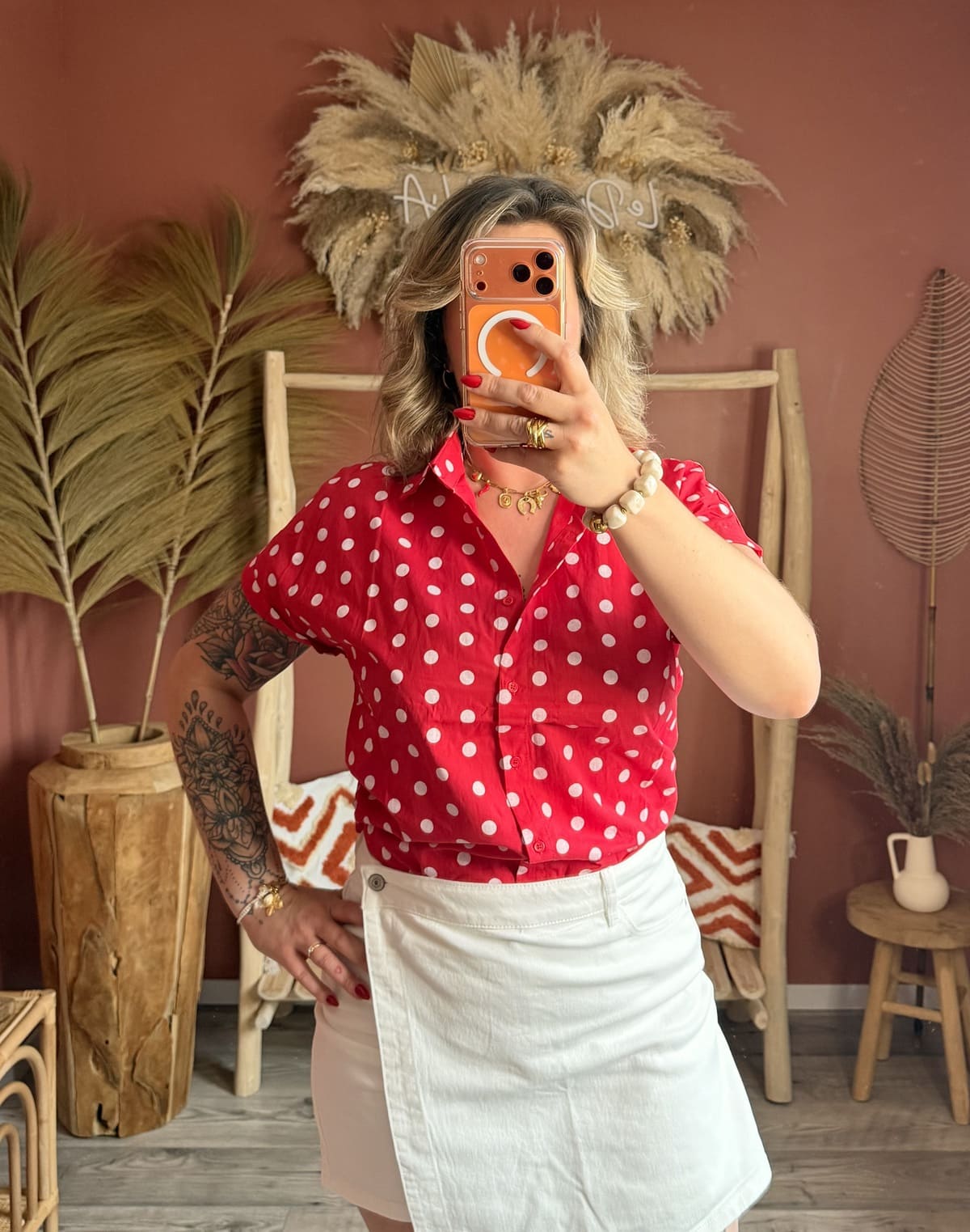 Chemise manches courtes rouge à pois blancs nouée à la taille femme – Le Dress BY L.A