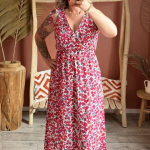 Robe longue blanche imprimé fleuri rouge col V bretelles nouées femme – Le Dress BY L.A